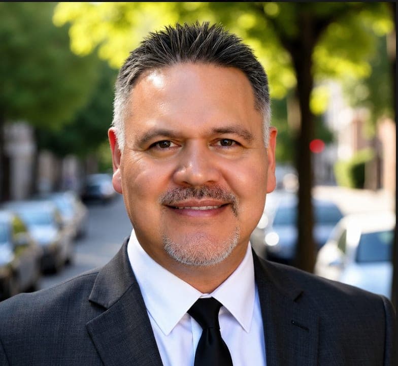 Founder of My Car Dude — professional headshot in a dark suit on a city street.